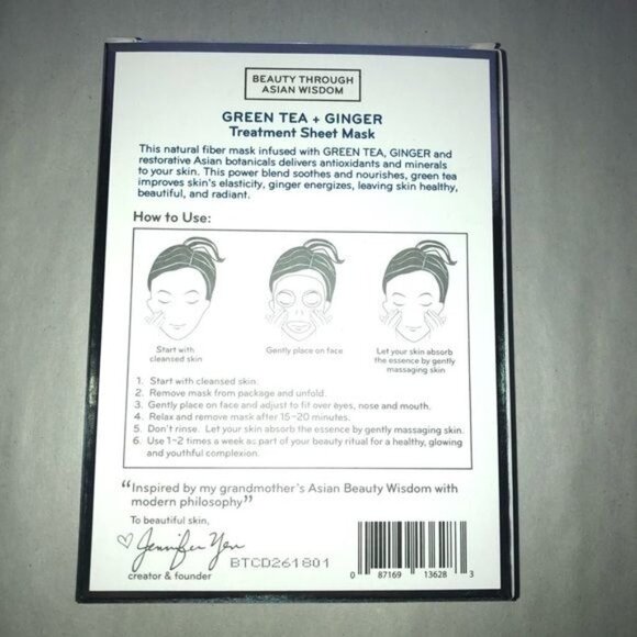 Purlisse Green‎ Tea Ginger Rejuvenating Sheet Face Masks Spa Facial Moisturizes - Picture 3 of 4